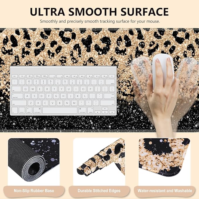 iLeadon Mouse Pad Set, Desk Mat + Mouse Pad with Wrist Rest + Keyboard Wrist Rest + Coaster, 4in1 Leopard Mouse and Keyboard Pad Set for Home Office, Black Gold Leopard