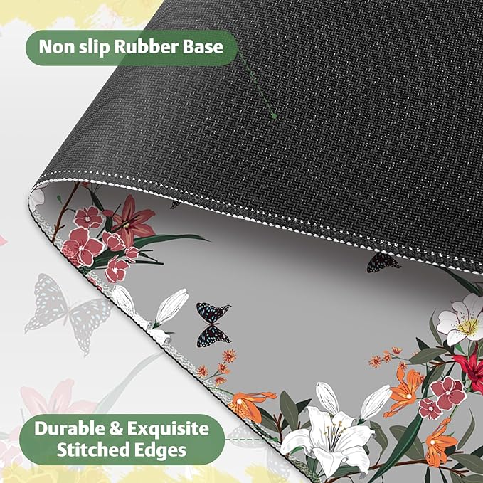 Desk Pad for Keyboard and Mouse, Large Mouse Pad for Desk, Non-Slip Keyboard Mat, Computer Mats for Desk, Desk Pad with Stitched Edges for Office, Gaming I Gray Wild Grass Flowers