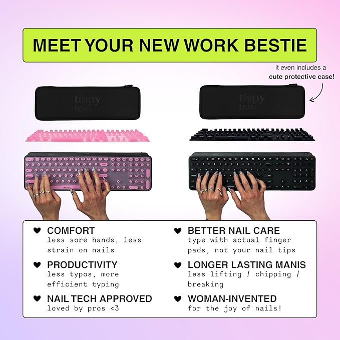 TIPPY TYPE Raised Keyboard Cover for Long Nails – Fits Logitech MX Keys S Full-Size Keyboard - Silicone - The Original - Comfortable Typing, Quiet, Nail Protection (Cotton Candy Pink)