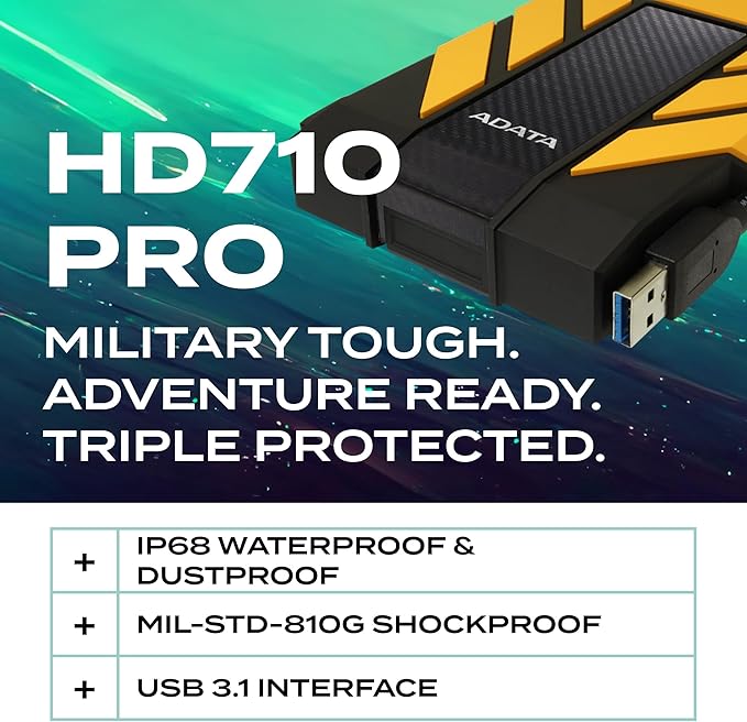 ADATA HD710 Pro - 1 TB External Hard Drive - Shockproof, Waterproof & Dustproof - Durable Storage - For Gamers, Students & Professionals - Mac, PC & Linux Compatible - Yellow - AHD710P-1TU31-CYL