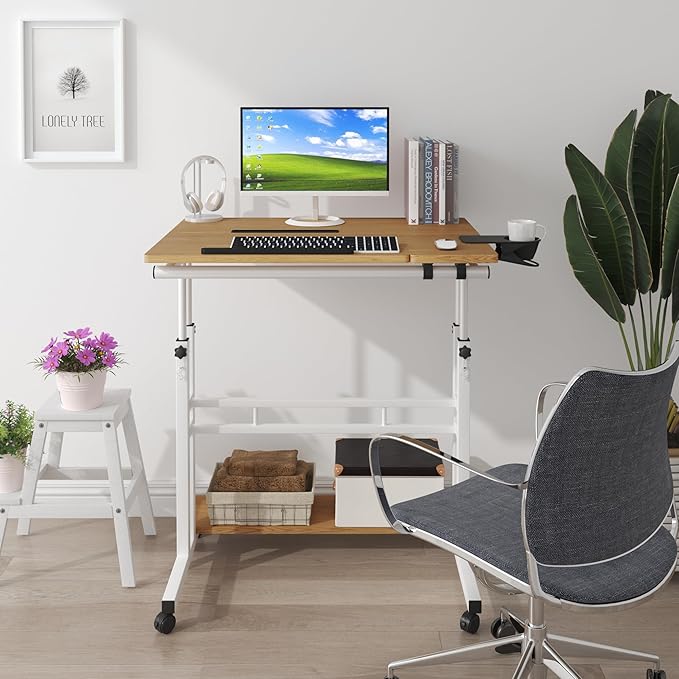 Mobile Standing Desk, Adjustable Rolling Computer Desk with 3 Desktops, Portable Laptop Table with Cup Holder, Home Office Laptop Workstation on Lockable Wheels,Khaki