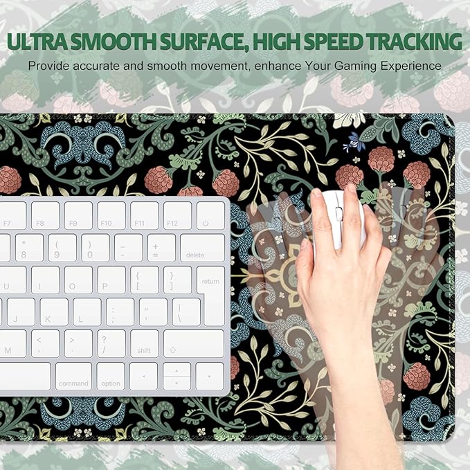 Desk Mat for Keyboard and Mouse, Large Non-Slip Mouse Pad Keyboard Pad, Computer Mats for Desktop, Desk Pad with Stitched Edges for Office, Gaming I Gothic Floral Morris Style