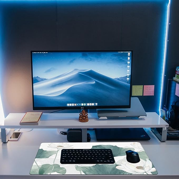 Desk Mat, Watercolor Lotus Painting Desk Pad, White Lotus Large Gaming Mouse Pad for Desk, 31.5"x15.7" Extended Big Computer Keyboard Mouse Pad with Non-Slip Base and Stitched Edge