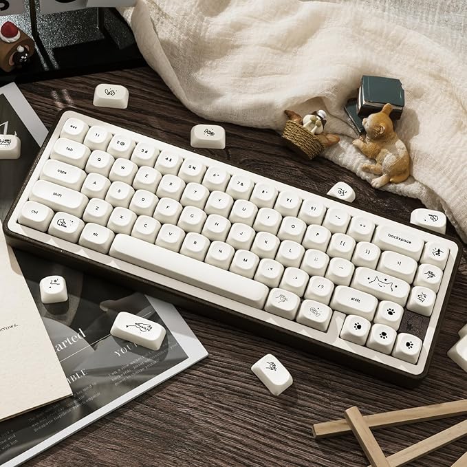 PBT Keycaps Set 124 Keys, Minimalist Style Custom White Cat Keyboard Dye-Sublimation MOA Profile Keycaps 60 65 75 100 Percent