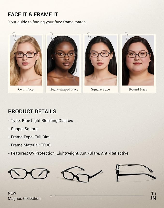 TIJN Magnus Square Blue Light Blocking Glasses for Women Men,Rectangular Computer Glasses for Gaming Work Screen Use,TR90