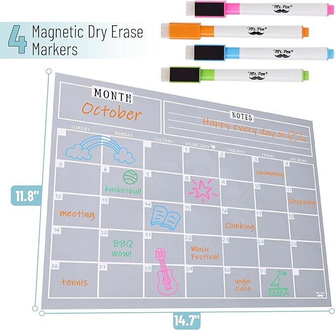 Mr. Pen- Dry Erase Calendar for Fridge, 14.7 x 11.8, Magnetic Calendar with 4 Dry Erase Markers