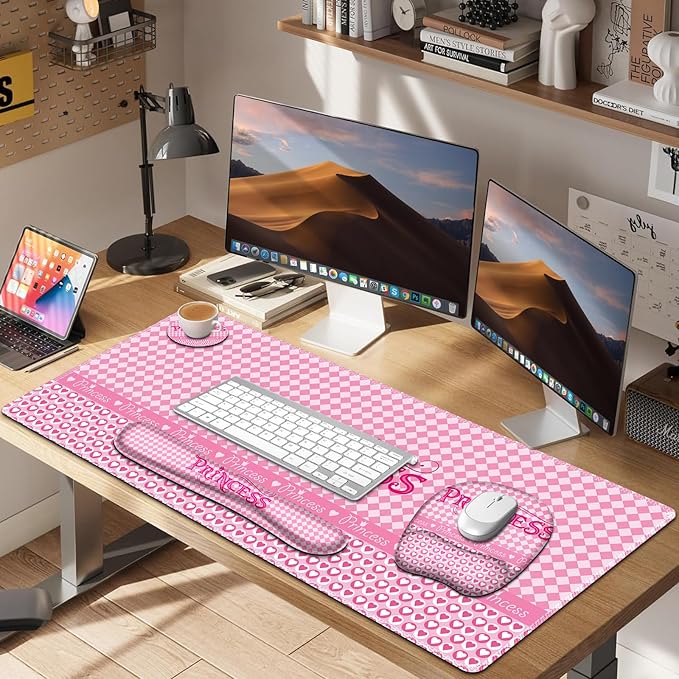 Mouse Pad with Wrist Support 4 in1 Set, XXL Big Game Mousepad + Keyboard Wrist Rest + Mouse Wrist Rest Pad +Coaster Gaming Mat for Home Office Work Computer Laptop I Pink Checkered Princess Girl