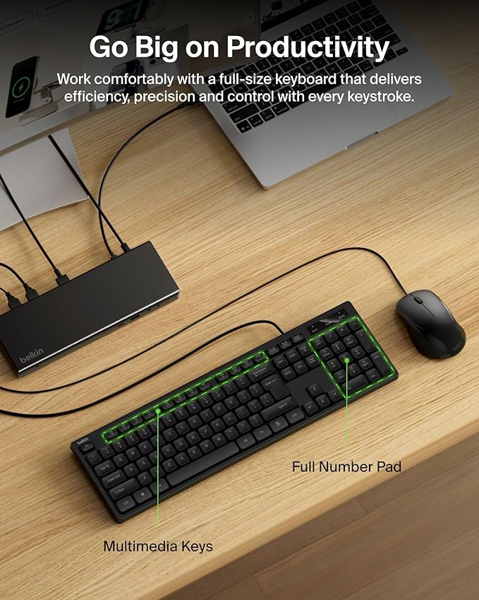 Belkin Connect Wired Keyboard and Mouse Combo - USB A Keyboard Set w/Wired Mouse, Ergonomic Design - Perfect for Home, Office, Desk, Compatible with Laptop, PC, Windows - Black