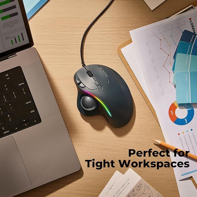 Wired Trackball Mouse with RGB Lighting, Ergonomic Thumb Control to Reduce Muscle Strain, 5 Adjustable DPI, Dual USB-C & USB-A Connectivity, Compatible with PC, Laptop, Mac, Windows-Black