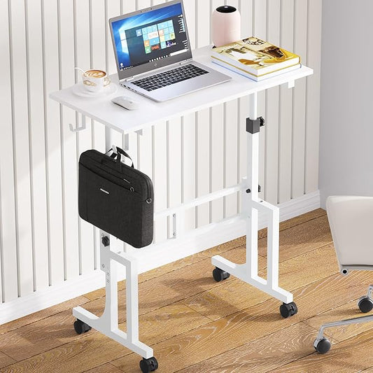 Small Adjustable Height Standing Desk With 2 Hooks, Rolling Sit Stand Up Desk With Wheels, Adjustable Mobile Portable Table For Walking Pad Laptop Treadmill Computer, 4 Height Levels, 2 Hooks