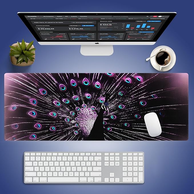 XXL Gaming Mouse Pad with Stitched Edges 31.5 x 11.8 Inches - Gorgeous Purple Black Peacock, Smooth Cloth Surface Natural Anti-Slip Rubber Base Large Desk Mat for PC Office/Home