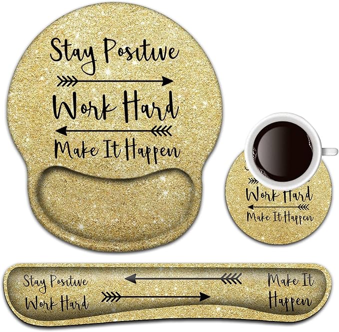 Keyboard Wrist Rest and Mouse Pad with Wrist Support, Ergonomic Gel Mouse Pad Coaster, Easy Typing Pain Relief,Keyboard Mousepad Set,Stay Positive Work Hard and Make It Happen Gold Glitter