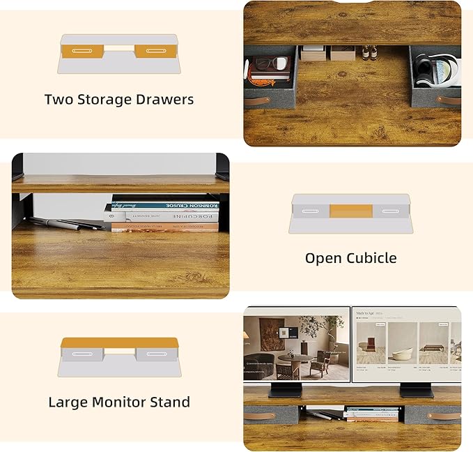 Seang Electric Standing Desk with 2 Drawers, Adjustable Standing Desk with Storage Shelf, Height Adjustable Stand up Desk for Home Office with 3 Presets & 2 Hooks,48 Inch, Rustic Brown