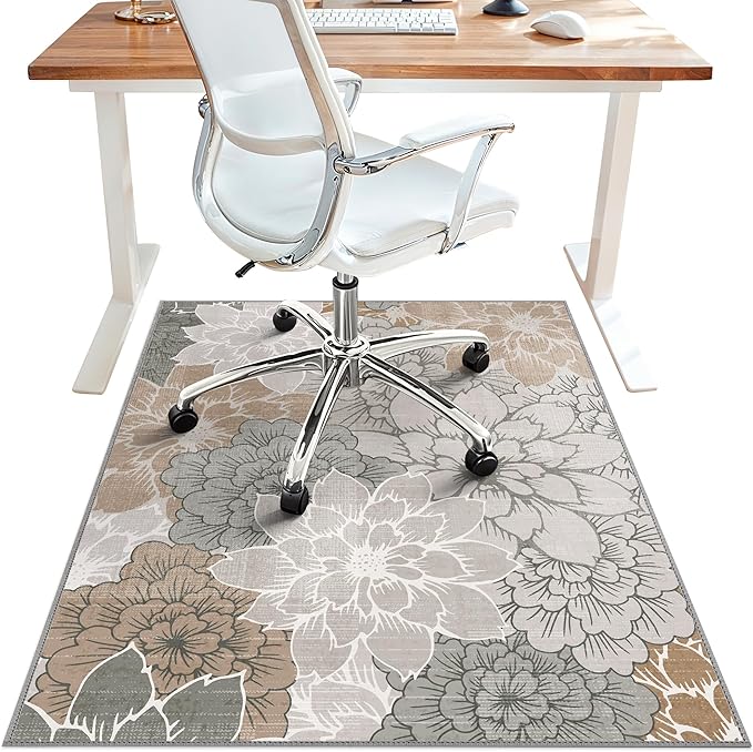 48"x60" Office Chair Mat for Hardwood Tile Floor, Under Desk Carpet Protector for Rolling Computer Chair Mat, Machine Washable Area Rug, Anti-Slip 1/5" Thick Low Pile Thin Vinyl Floor Mat, Taupe Grey