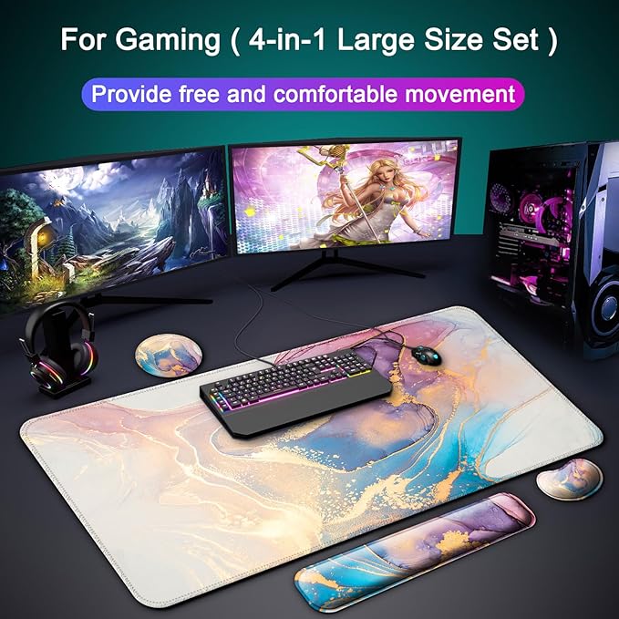 Keyboard Wrist Rest + Mouse Pad with Wrist Support + Desk Mat + Coaster 4 in 1 Set, XXL Large Gaming Mousepad Cute Ergonomic Mouse Pads for Desk Computer Laptop Office Decor-Blue Marble