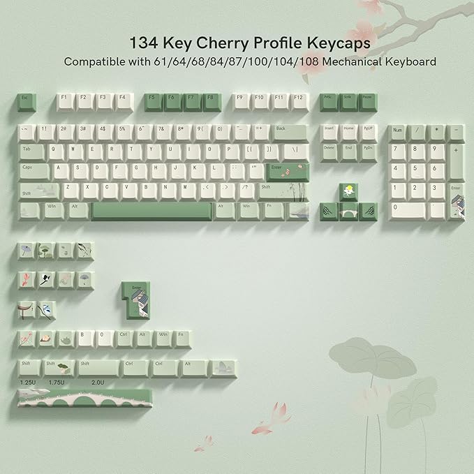 dagaladoo Matcha Green Keycaps PBT,dye Sublimation keycaps 60% 65% 100%, Spring Tea Custom Keycap Set, Cherry Profile Keyboard caps for 60% 65% 75% 100% TKL US Layout Mechanical Keyboard（134keys