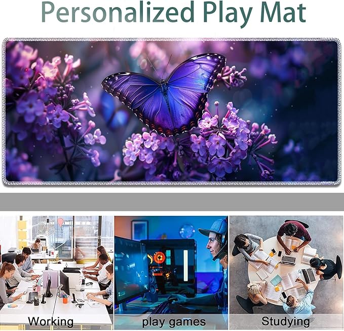 Large Gaming Mouse Pad + Keyboard Wrist Rest + Wrist Support + Coaster Set, Memory Foam Ergonomic for Easy Typing, XXL Extended Gaming Mouse Pad Table Pad - Purple Butterfly