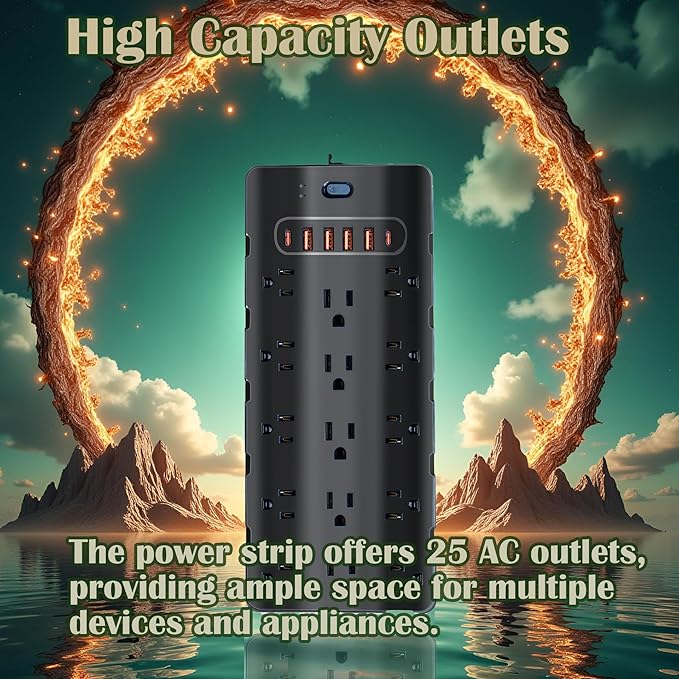 20 Amp Power Strip Surge Protector,Heavy Duty 12 Gauge 6.5 ft Cord/25 AC Outlets/4 USB A/2USB C/4000 Joules Surge protection/2500W/125V,Office Workshop Household Garage Black