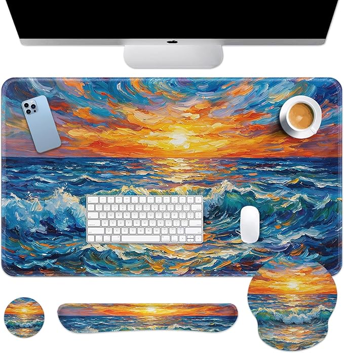 Arttown Abstract Ocean Sun Desk Mat Blue Mouse Pad Set 4 in 1 Ergonomic Design Large Mouse Pad + Keyboard Wrist Rest + Mouse Wrist Rest + Coaster Suitable for Home Office Study Game