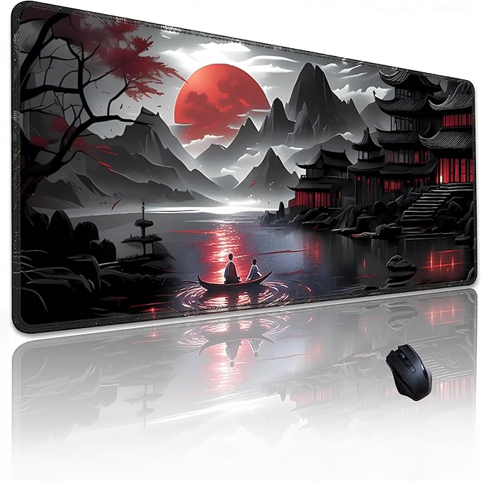 Japanese Sakura Mouse Pad 31.5x11.8 Inch Black Anime Desk Mat Large Non-Slip Rubber Base Waterproof with Stitched Edges for Gaming and Office(Red Moon)