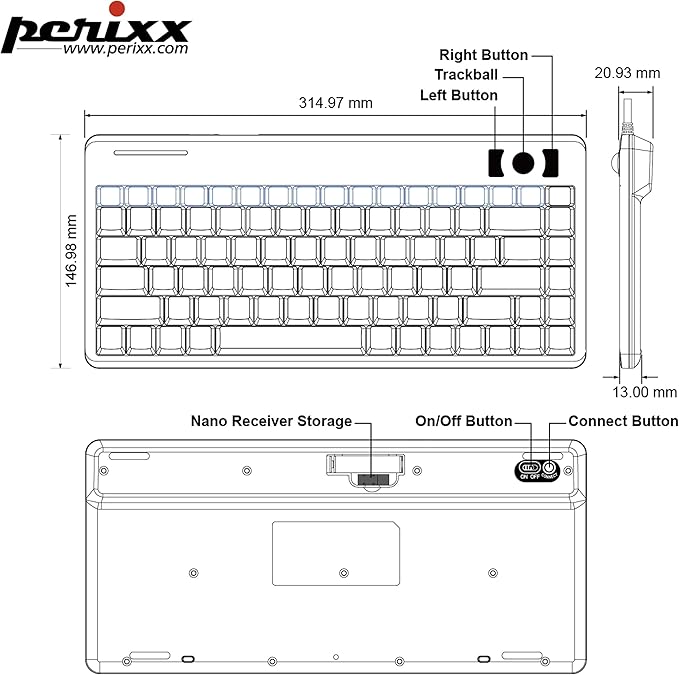 Perixx Periboard-706 Wireless Trackball Mini Keyboard, Build-in 0.55 Inch Trackball for Pointing Feature, Black, US English Layout