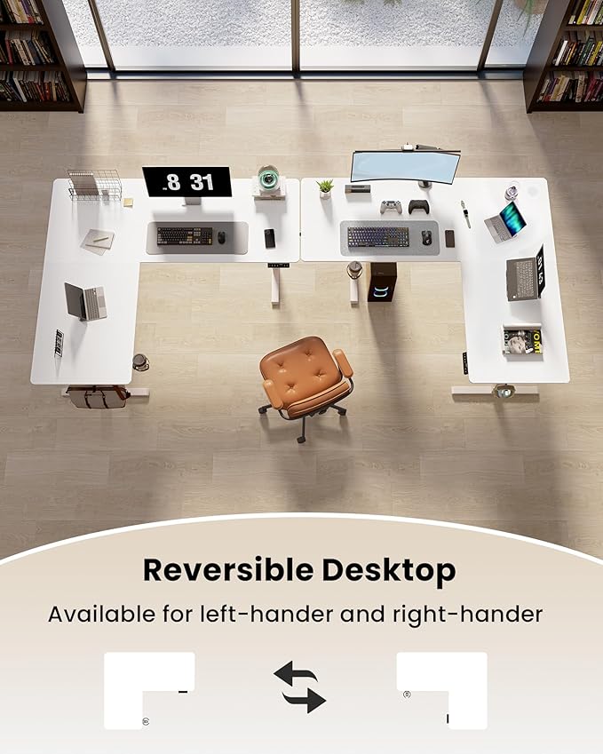 63 Inches Reversible L Shaped Standing Desk for Home Office, Electric Height Adjustable Corner Computer Desk, Sit Stand up Table with Cup Holder, Ergonomic Gaming Desk, White