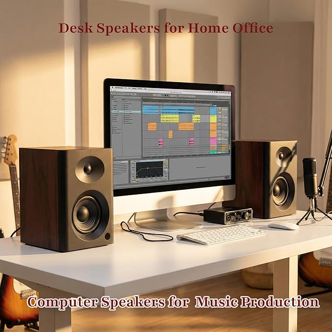 Computer Speakers for Desktop PC, 4 inches 80 Watts Computer Speaker with Bass, HiFi Audio for Gaming, Monitors, Laptop, TV, Gaming & Record Player, Gifts, Walnut Pair