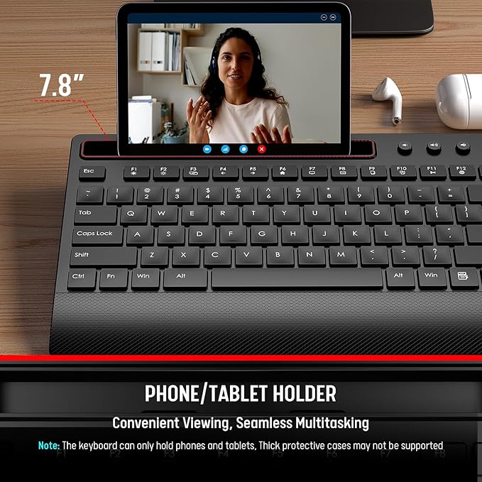 Trueque Wireless Keyboard and Mouse Combo - Full-Size Quiet Keyboard with Palm Rest, Phone Holder, Multimedia Keys, Power Switch, Compatible with Windows, Chrome OS, PC, Laptop (Batteries Included)