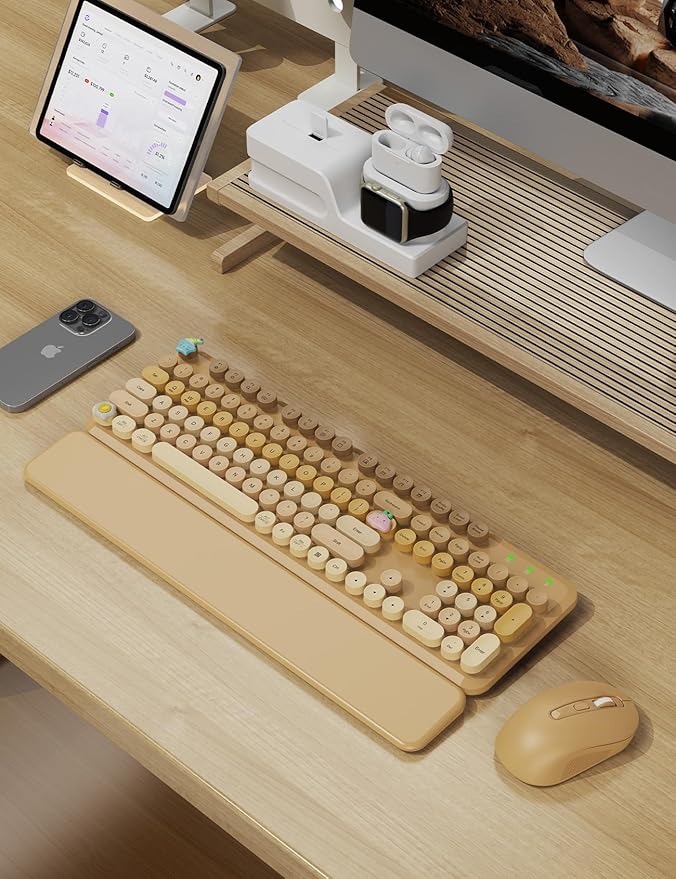 Wireless Keyboard and Mouse Combo, Typewriter Keyboard with Detachable Wrist Rest, Full-Size Retro Round Keycaps, Smart-Sleep, 2.4GHz Stable Connection for Mac/Windows/PC, Trueque (Ombre Latte Beige)