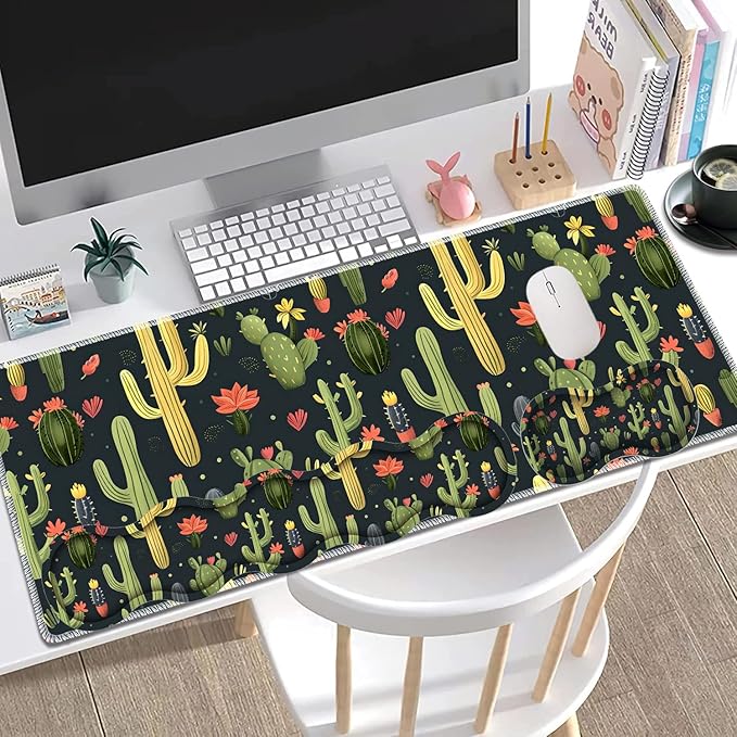 Large Gaming Mouse Pad + Keyboard Wrist Rest + Wrist Support + Coaster Set, Memory Foam Ergonomic for Easy Typing, XXL Extended Gaming Mouse Pad Table Pad - Cactus
