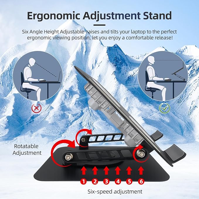 Black Laptop Cooling Stand with Turbo Fan, Adjustable Height & Angle, 360° Rotating Aluminum Notebook Riser for Up to 15.6” Laptops & Tablets (Best for 13” Lightweight Devices)