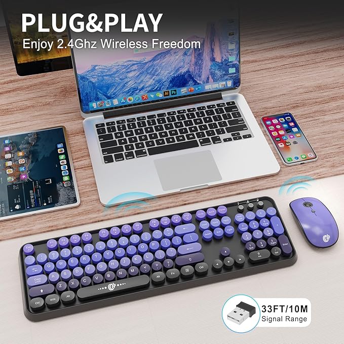 Wireless Keyboard and Mouse Combo, 2.4G USB Cordless Round Keyboard and Mouse for Laptop Computer TV (102 Keys Purple Black)