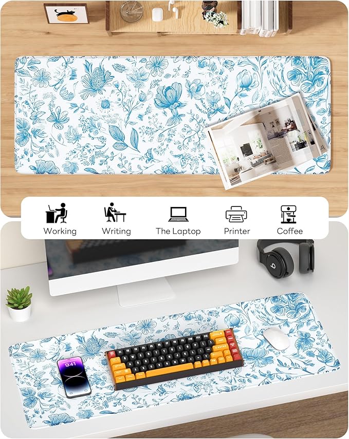 Floral Mouse Pad, 31.5 x 11.8 Large Desk Mat with Stitched Edges & Non-Slip Base, Mousepad for Office, Home, Work, Elegant Flower