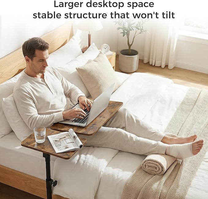 Rolling Table for Laptop Stand, Height and Angle Adjustable Over Bed Table with Wheels, Tilt-Top Laptop Desk for Couch with Cup Holder, Bed Table Tray for Eating (Rustic)
