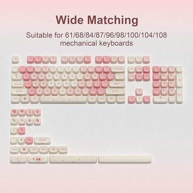 dagaladoo Cute PBT Keycaps Set,Pink Cherry Blossom,MOA Profile keycaps 60 75 100 Percent,Dye-Sub 133-key Custom Keyboard Keycap for TKL US Layout Mechanical Keyboard(only keycaps)