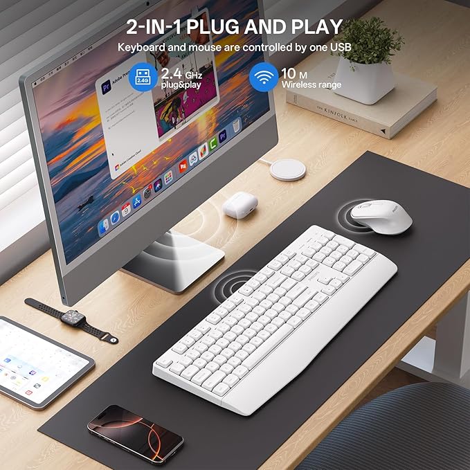 PHILIPS Wireless Keyboard and Mouse Combo-Ergonomic Keyboard and Mouse Wireless Combo with Silent Design,Plug n' Play,Sleep Mode and 2.4GHz Keyboard for Mac, Windows, Laptop-White