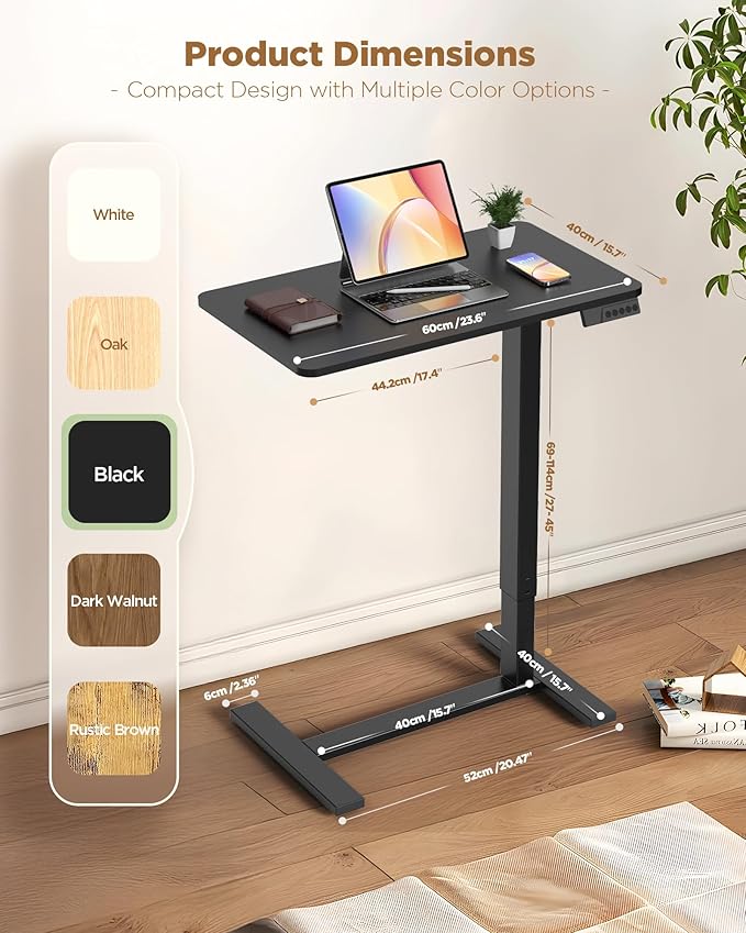 Overbed Bedside Table with Wheels, Electric Standing Desk Adjustable Height, Small Computer Desk for Home Office, Rolling Laptop Desk for Bed, Sofa, or Hospital Use (24"x16",Black)