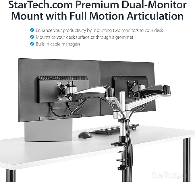 StarTech.com Desk Mount Dual Monitor Arm - Articulating - Supports VESA Monitors 12'' to 30" (19.8lb/9kg) - Adjustable - Grommet/Desk Mount - Premium - Silver, TAA (ARMDUAL30)