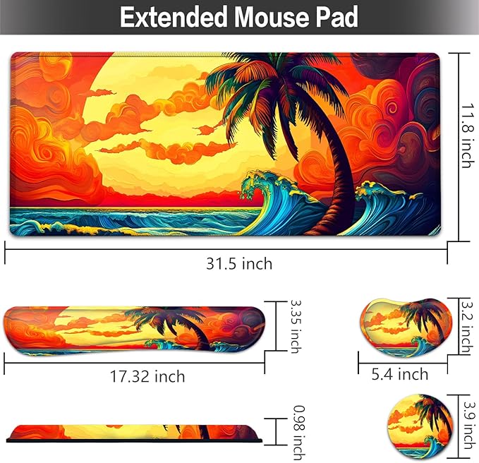 Large Mouse pad and Keyboard Support Set, Ergonomic Memory Foam Keyboard Wrist Rest, Extended Gaming Mouse Pad with Stitched Edges, Psychedelic Shoreline XXL Desk Mat (31.5 X 11.8 in)