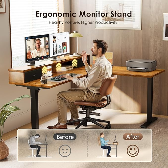 Casaottima 59 Inch Electric L-Shaped Standing Desk with Drawers, Height Adjustable Stand Up Corner Desk with Monitor Stand, Lift Table for Home, Office, Workstation, Rustic Brown