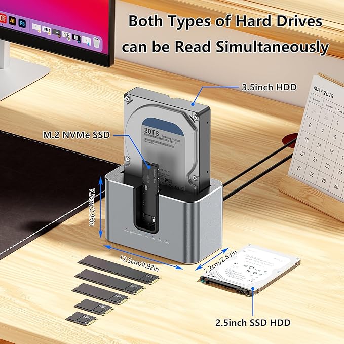 MiliPow Dual Bay Hard Drive Docking Station with Offline Cloning, SATA to NVMe Cloner for 2.5"/3.5" SATA HDD/SSD and M.2 NVMe SSD, UASP Supported, Up to 28TB