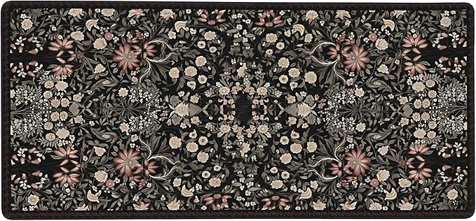 Floral Aesthetic Wildflower Gaming Mouse Pad, Black Rug Desk Mat with Anti-Slip Base & Stitched Edges,35.4" x 15.7" in Desk Accessories for Women, Home Office Decor & Artistic Gift