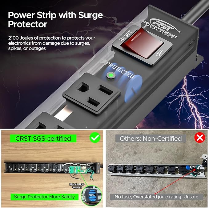 CRST 8 Outlet Metal Heavy Duty Power Strip, 2100J Surge Protector with 6FT Cord, 15A/1875W Wide Spaced Mountable Industrial Power Strip for Garage/Workshop/Office