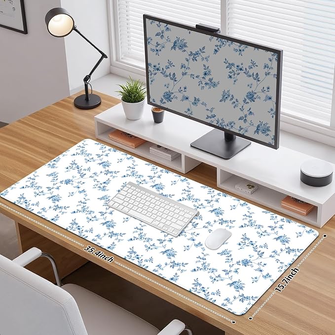 Mouse Pad, Cute Cool XXL Large Desk Mat for Desk Cover, Anti-Slip Big Mousepad with Stitched Edges, Keyboard Mat for Computer Desktop Table Protector I Delicate Blue Blossom
