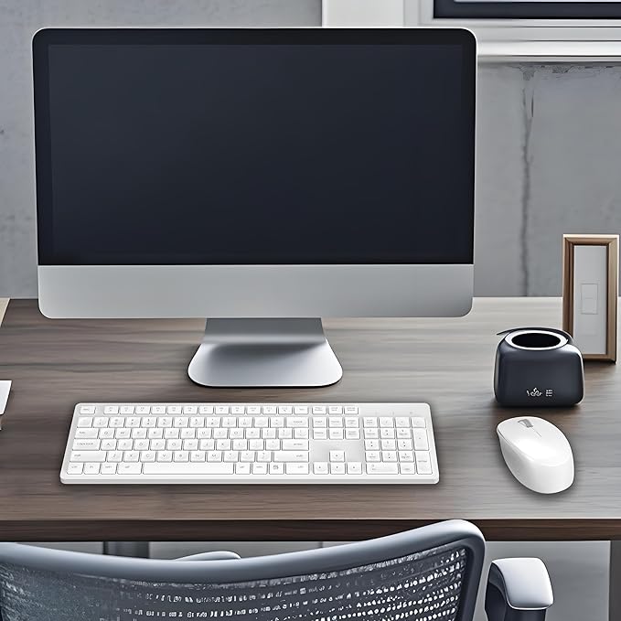 LeadsaiL White Wireless Keyboard and Mouse Combo, Full-Sized Ergonomic Computer Keyboard, 2.4GHz USB Cordless Keyboard Silent Mouse Set, 12 FN Shortcuts for Windows MacOS Laptop Computer