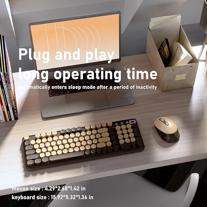 Wireless Keyboard and Mouse Combo, Full-Size 2.4G Set with Number Pad, Long Battery Life, Plug Play for Office and Student Use (Coffee)