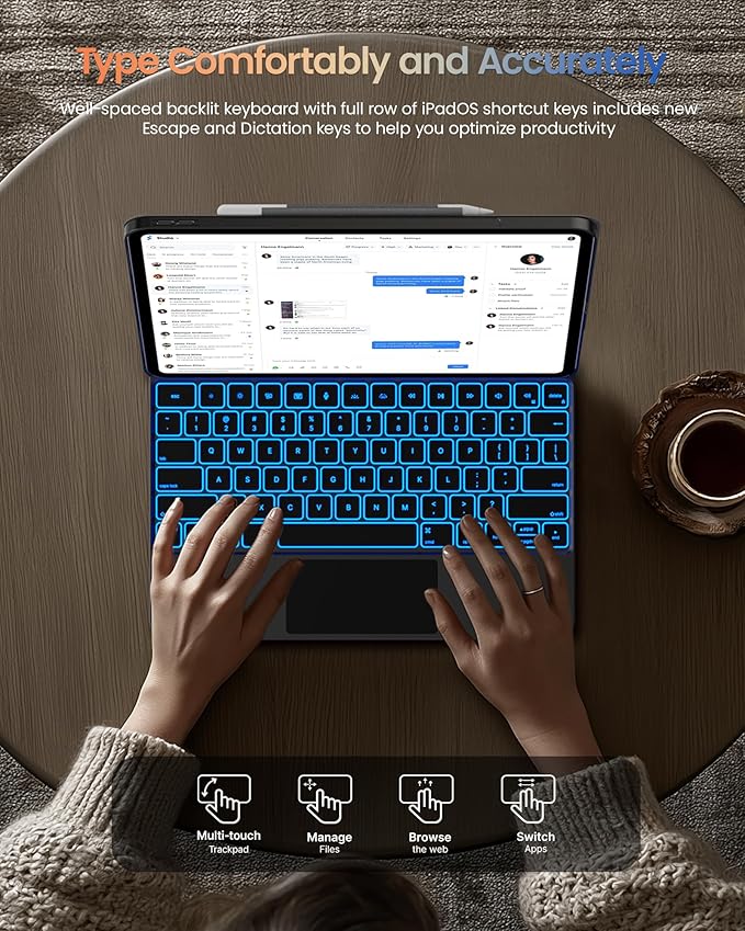 typecase Edge+ Keyboard Case for iPad Air 13"(M4/M3/M2, 2026/2025/2024) & iPad Pro 12.9"(3/4/5/6th Gen), Ultra-Slim Detachable Case, Portrait & Typing Modes, 11-Color Backlight, Magnetic Stand, Black