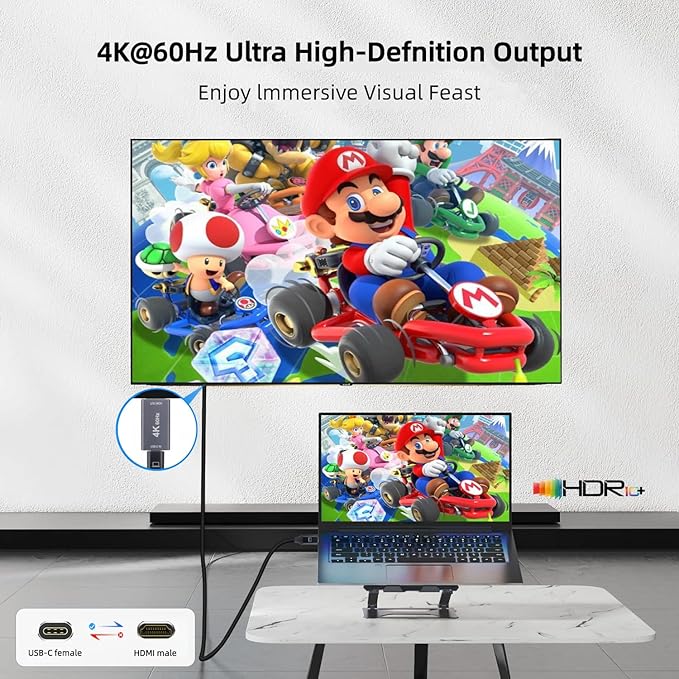 USB C Female to HDMI Male Adapter with 3.3FT USB Video Cable, 4K@60Hz Uni-Directional USB Type C Source to HDMI 2.0 Display Converter Thunderbolt 3/4 to HDMI for i-/Phone 17, MacBok, Galaxy - 1 Pack