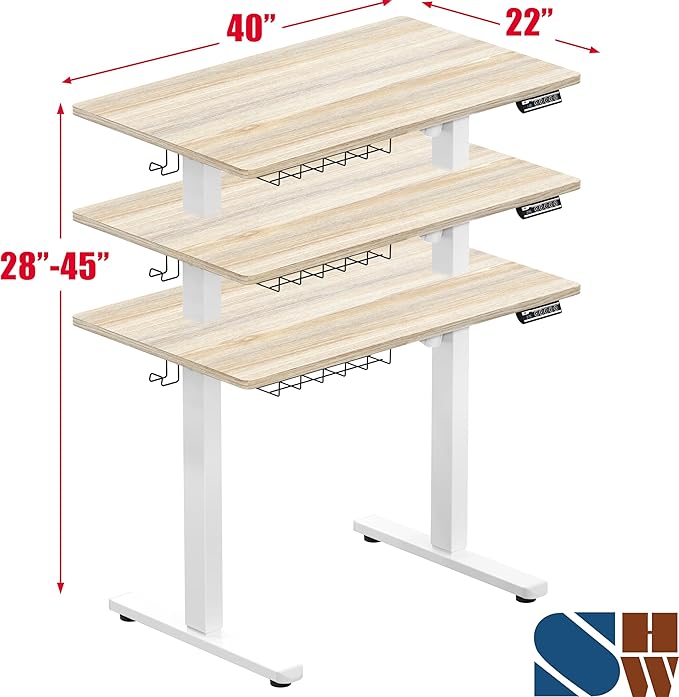 SHW 40 x 22 Inches Electric Height Adjustable Sit to Stand Desk with Hanging Hooks and Cable Management, White Frame and Maple Top