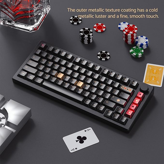 dagaladoo PBT Keycaps with Metal Paint & Poker Theme,112-Key Black/Gold/Red Custom Keycap Set dye Sublimation,Cherry Profile Key caps for 61/64/66/68/75/84/87 MX Switches Mechanical Keyboards